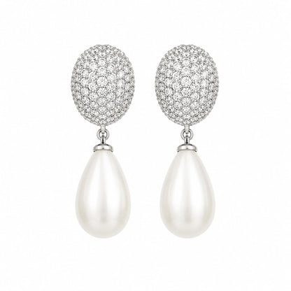 Warm Fortune 18K White Gold Plated CZ Teardrop Pearl Drop Earrings