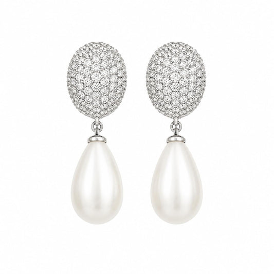 Warm Fortune 18K White Gold Plated CZ Teardrop Pearl Drop Earrings