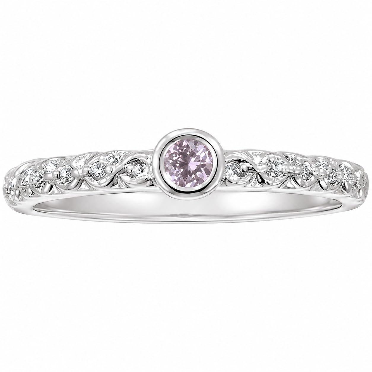 Warm Fortune Pink CZ Solitaire Ring for Women, 18K White Gold Plated Round Cubic Zirconia Braided Band, Dainty Elegant Jewelry, Size 7-8.5