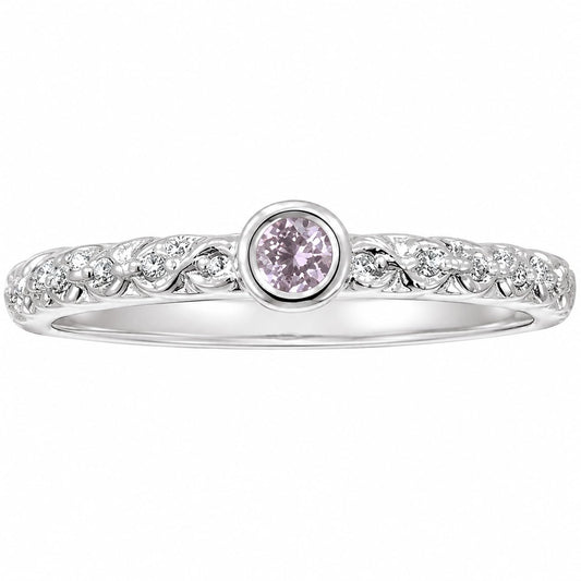 Warm Fortune Pink CZ Solitaire Ring for Women, 18K White Gold Plated Round Cubic Zirconia Braided Band, Dainty Elegant Jewelry, Size 7-8.5