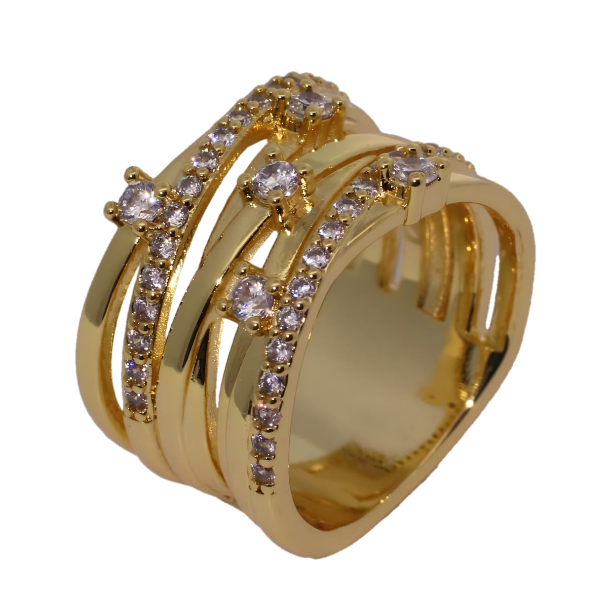 Warm Fortune Gold Plated Cubic Zirconia Band Ring, Hip Hop Street Style For Man or Women Fashion Jewelry