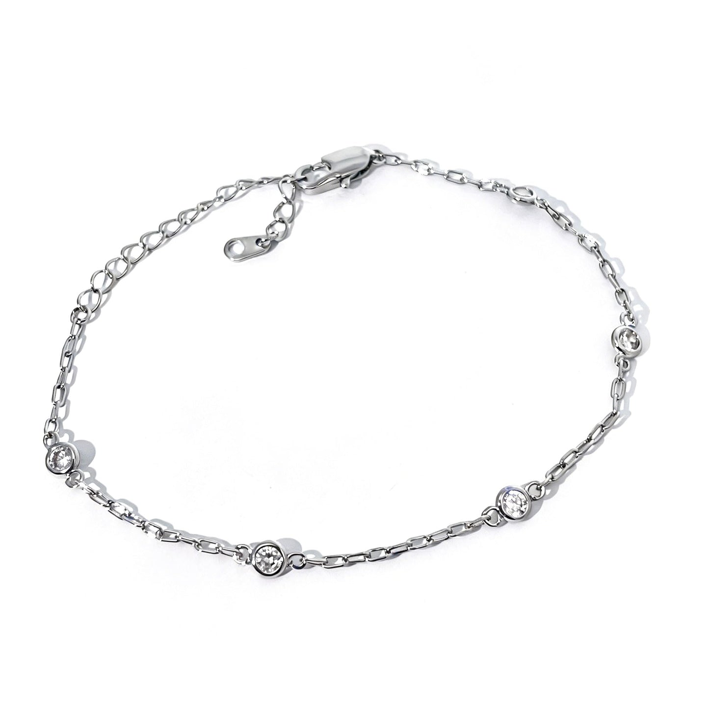 Warm Fortune Round Stone Station Bracelet for Women, Silver-Tone 6 Inch Adjustable Link Chain, Dainty Everyday Jewelry
