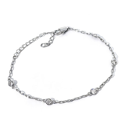 Warm Fortune Round Stone Station Bracelet for Women, Silver-Tone 6 Inch Adjustable Link Chain, Dainty Everyday Jewelry