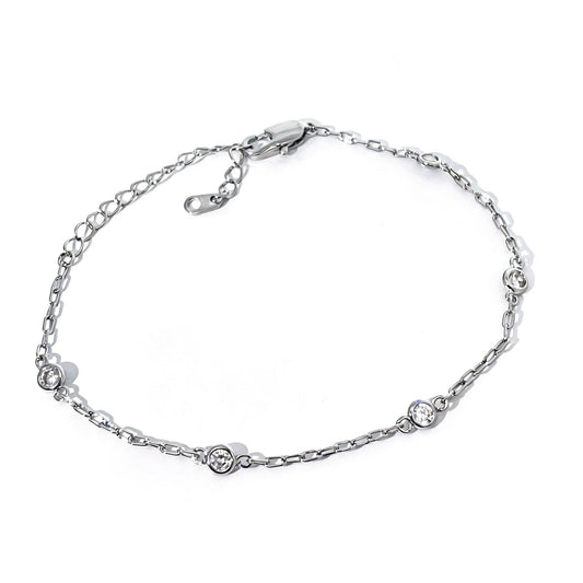 Warm Fortune Round Stone Station Bracelet for Women, Silver-Tone 6 Inch Adjustable Link Chain, Dainty Everyday Jewelry