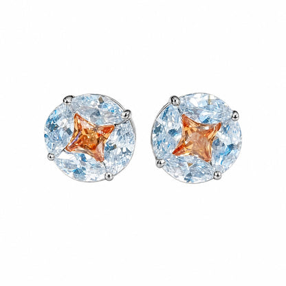 Warm Fortune Round Star CZ Stud Earrings for Women, 18K White Gold Plated