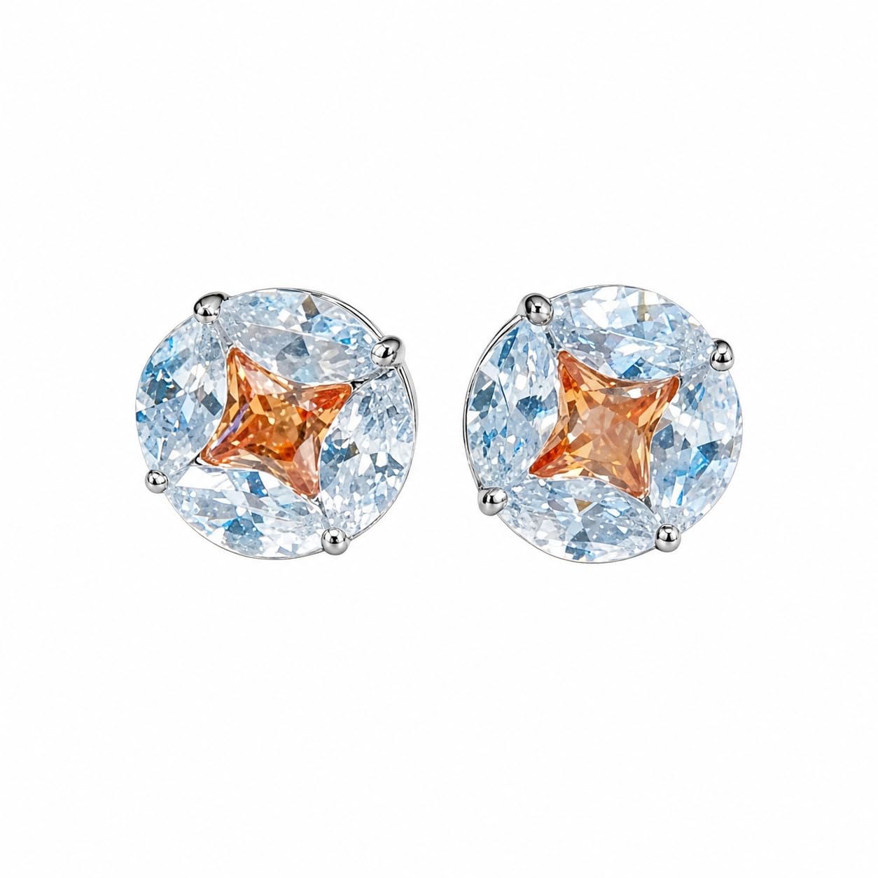 Warm Fortune 18K White Gold Plated Round CZ Star Center Stud Earrings