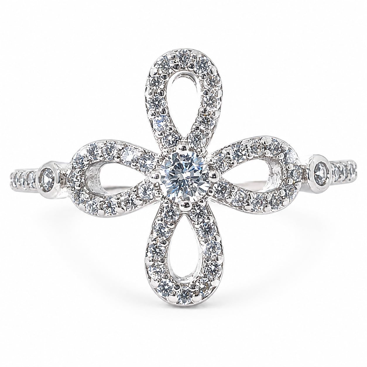 Warm Fortune 4-Petal Hollow Floral Pave Statement Ring for Women, 18K White Gold Plated Center Stone Cubic Zirconia Stackable Fashion Jewelry, Size 6-9