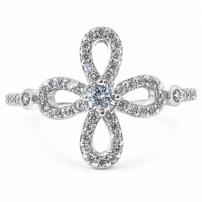 Warm Fortune 4-Petal Hollow Floral Pave Statement Ring for Women, 18K White Gold Plated Center Stone Cubic Zirconia Stackable Fashion Jewelry, Size 6-9
