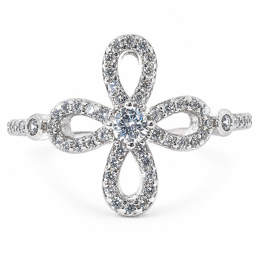 Warm Fortune Four-Petal Floral Statement Ring – 18K White Gold Plated Cubic Zirconia, Sizes 6–9