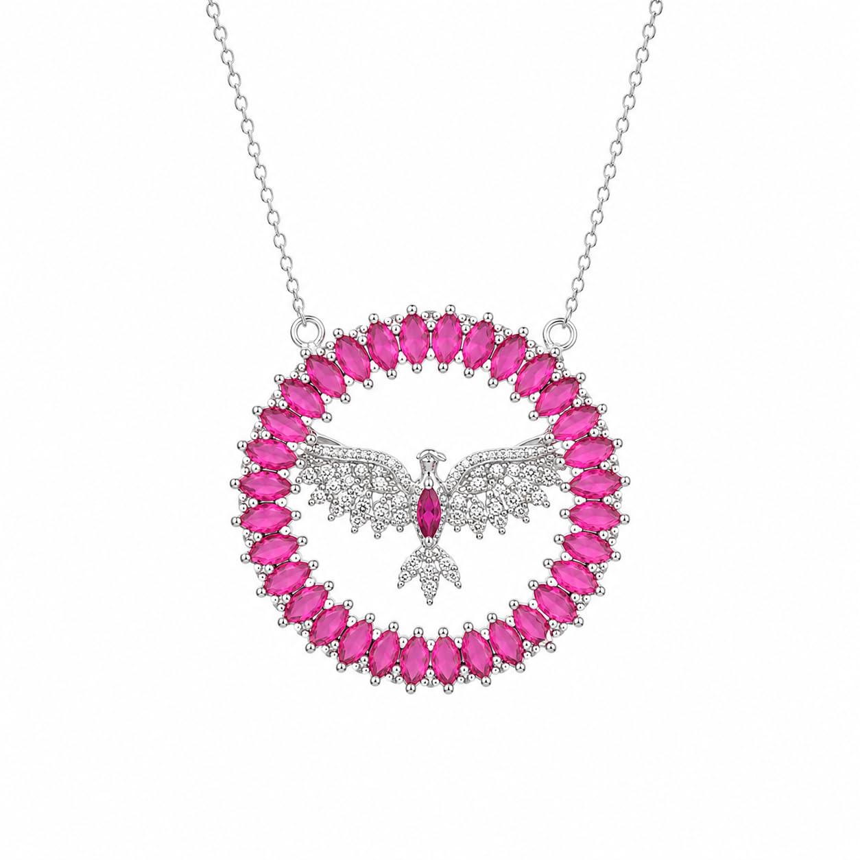 Warm Fortune Pink Butterfly Halo Pendant Necklace for Women, 18K White Gold Plated, 18 Inch Chain with Sparkling CZ, Colorful & Elegant Statement Jewelry for Women