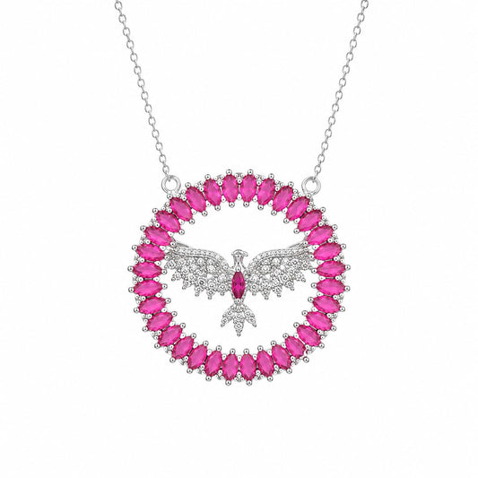 Warm Fortune Pink Butterfly Halo Pendant Necklace for Women, 18K White Gold Plated, 18 Inch Chain with Sparkling CZ, Colorful & Elegant Statement Jewelry for Women
