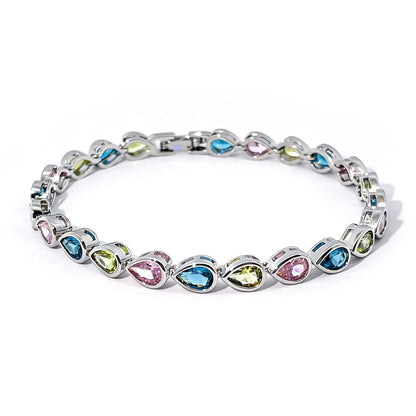 Warm Fortune Pear Stone Tennis Bracelet for Women, White Gold Plated, Multicolor CZ, Alternating Stone Design