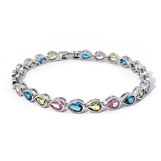 Warm Fortune Pear Stone Tennis Bracelet for Women, White Gold Plated, Multicolor CZ, Alternating Stone Design