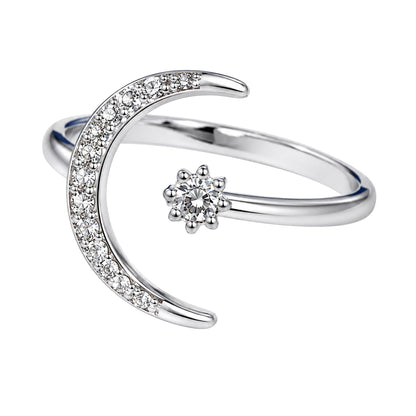 Warm Fortune 18K Gold Plated Round Cut Cubic Zirconia Crescent Moon Open Statement Ring, Star Accent Dainty Stackable Finger Jewelry for Women