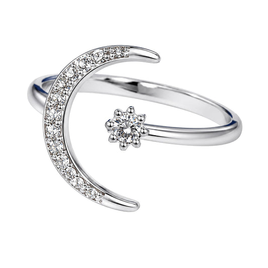 Warm Fortune 18K Gold Plated Round Cut Cubic Zirconia Crescent Moon Open Statement Ring, Star Accent Dainty Stackable Finger Jewelry for Women