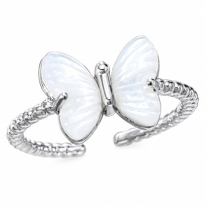 Warm Fortune White Mother Of Pearl Butterfly Open Adjustable Stackable Promise Ring for Women, 18K Gold Plated Dainty Jewelry Gift