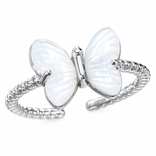 Warm Fortune White Mother Of Pearl Butterfly Open Adjustable Stackable Promise Ring for Women, 18K Gold Plated Dainty Jewelry Gift