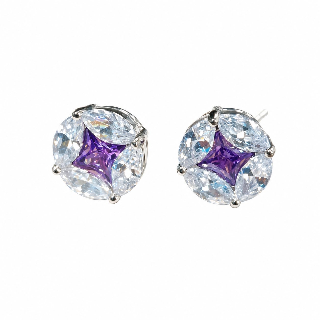 Warm Fortune 18K White Gold Plated Round CZ Star Center Stud Earrings