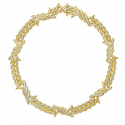 Warm Fortune Twisted Wave Cuban Link Chain Necklace for Women, White and Yellow Gold Plated, Clear CZ, 22 and 24 Inch Chain, Sculpted Wave Design