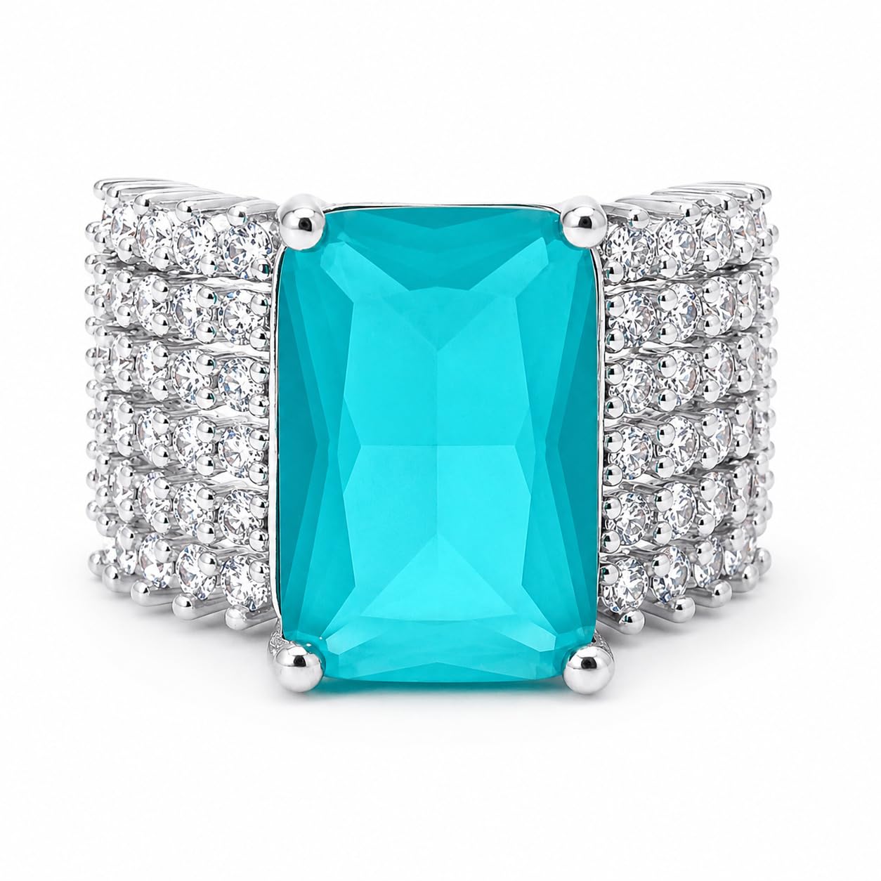 Warm Fortune Large Rectangular Fashion Ring for Women, 18K White Gold Plated Multi-Layer Side Stones Party Statement Accessory, Size 8