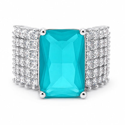 Warm Fortune Large Rectangular Fashion Ring for Women, 18K White Gold Plated Multi-Layer Side Stones Party Statement Accessory, Size 8