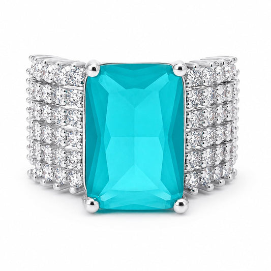 Warm Fortune Large Rectangular Fashion Ring for Women, 18K White Gold Plated Multi-Layer Side Stones Party Statement Accessory, Size 8