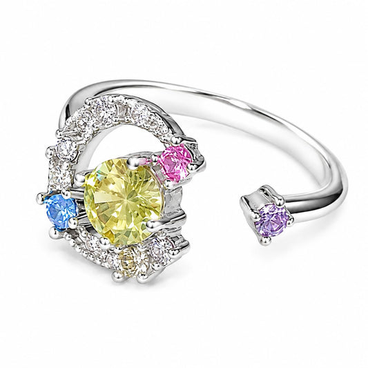 Warm Fortune Multi-Color Round Cubic Zirconia Circle Open Adjustable Ring for Women, 18K Gold Plated Colorful Statement Band, Luxury Stackable Fashion Daily Jewelry