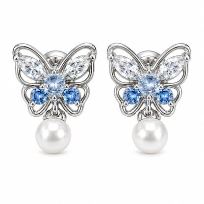 Warm Fortune 18K Gold Plated Butterfly Mixed Cut Cubic Zirconia & Shell Pearl Dangle Earrings for Women Hypoallergenic - Valentine's Day, Mother's Day, Birthday Gift for Her