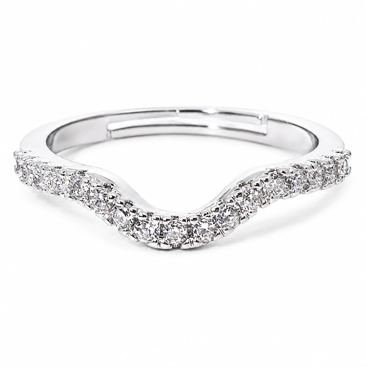 Warm Fortune V‑Shaped Wave Pave‑CZ Adjustable Ring for Women, 18K White Gold Plated Curved Cubic Zirconia Statement Band, Dainty Elegant Jewelry