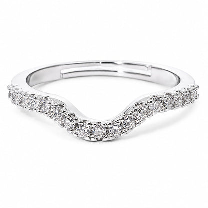 Warm Fortune V‑Shaped Wave Pave‑CZ Adjustable Ring for Women, 18K White Gold Plated Curved Cubic Zirconia Statement Band, Dainty Elegant Jewelry