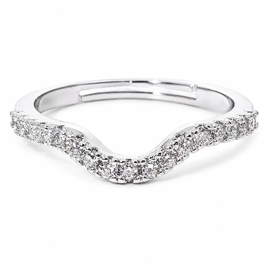 Warm Fortune V‑Shaped Wave Pave‑CZ Adjustable Ring for Women, 18K White Gold Plated Curved Cubic Zirconia Statement Band, Dainty Elegant Jewelry