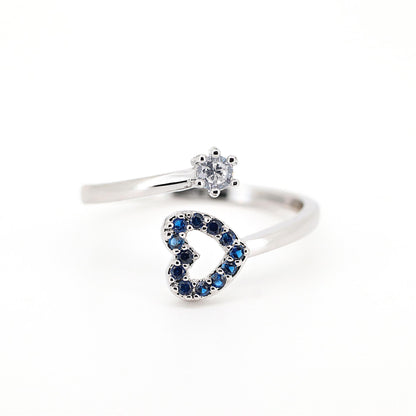 Warm Fortune Open Heart Blue CZ Split Shank Ring for Women,18K Gold Plated Single Round Clear CZ Stackable Promise Jewelry Gift