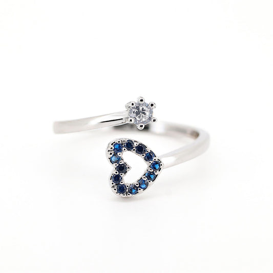 Warm Fortune Open Heart Blue CZ Split Shank Ring for Women,18K Gold Plated Single Round Clear CZ Stackable Promise Jewelry Gift
