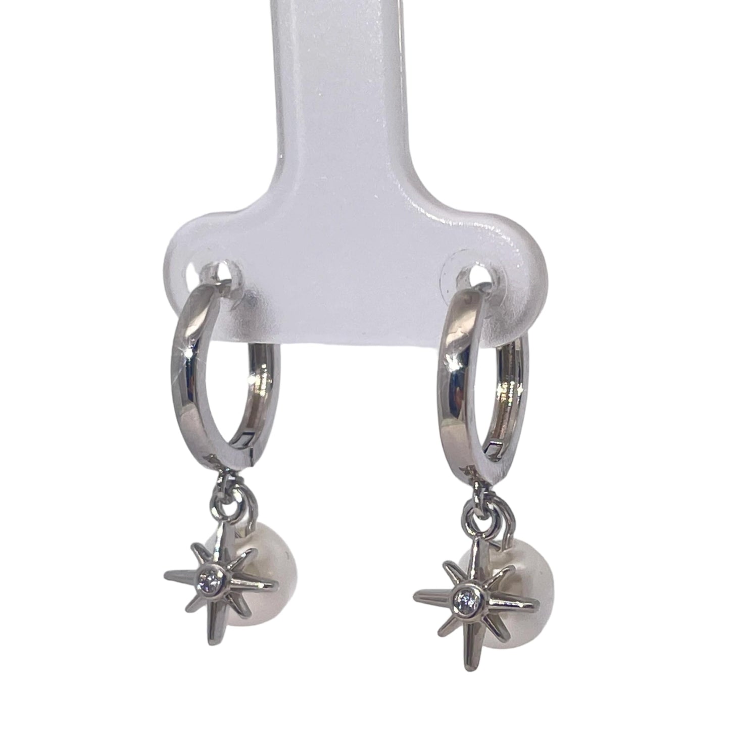 Warm Fortune Star & Pearl Dangle Hoop Earrings, Silver Tone Cubic Zirconia Star Accent Fashion Jewelry for Women, Playful Daily & Casual Wear