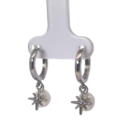 Warm Fortune Star & Pearl Dangle Hoop Earrings, Silver Tone Cubic Zirconia Star Accent Fashion Jewelry for Women, Playful Daily & Casual Wear