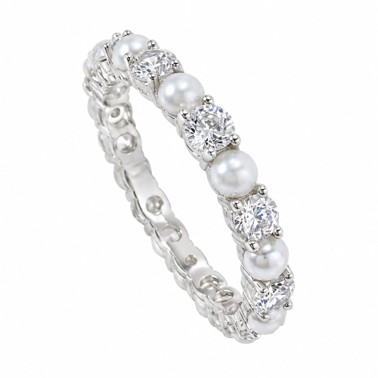 Warm Fortune Pearl & Round Cubic Zirconia Eternity Stackable Ring for Women, 18K Gold Plated Promise Wedding Band Jewelry Gift, Size 7-8