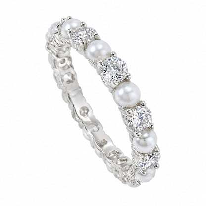 Warm Fortune Pearl & Round Cubic Zirconia Eternity Stackable Ring for Women, 18K Gold Plated Promise Wedding Band Jewelry Gift, Size 7-8