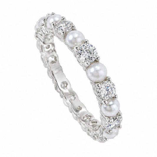 Warm Fortune Pearl & Round Cubic Zirconia Eternity Stackable Ring for Women, 18K Gold Plated Promise Wedding Band Jewelry Gift, Size 7-8