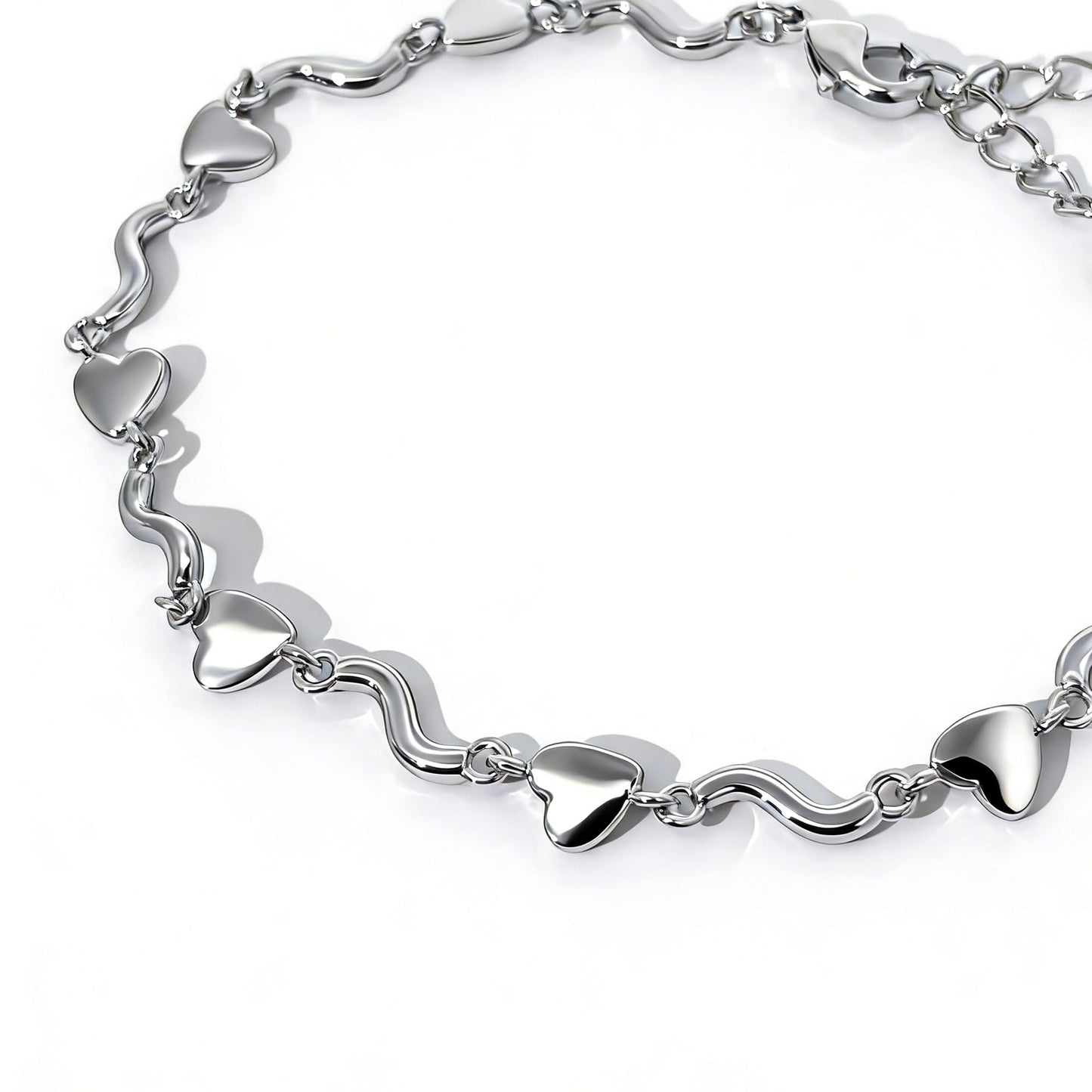Warm Fortune Heart and Wave Link Bracelet for Women, Silver-Tone 5 Inch Adjustable Chain, Romantic Everyday Jewelry