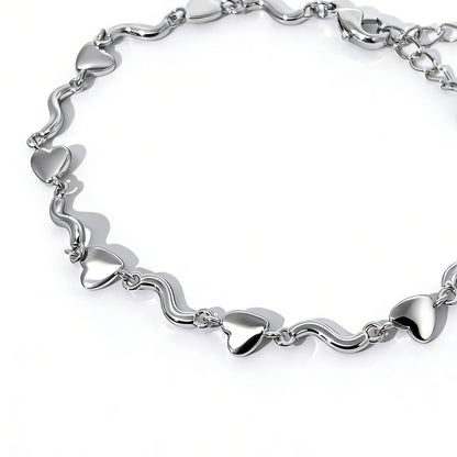 Warm Fortune Heart and Wave Link Bracelet for Women, Silver-Tone 5 Inch Adjustable Chain, Romantic Everyday Jewelry