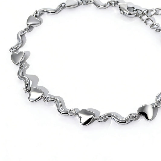 Warm Fortune Heart and Wave Link Bracelet for Women, Silver-Tone 5 Inch Adjustable Chain, Romantic Everyday Jewelry