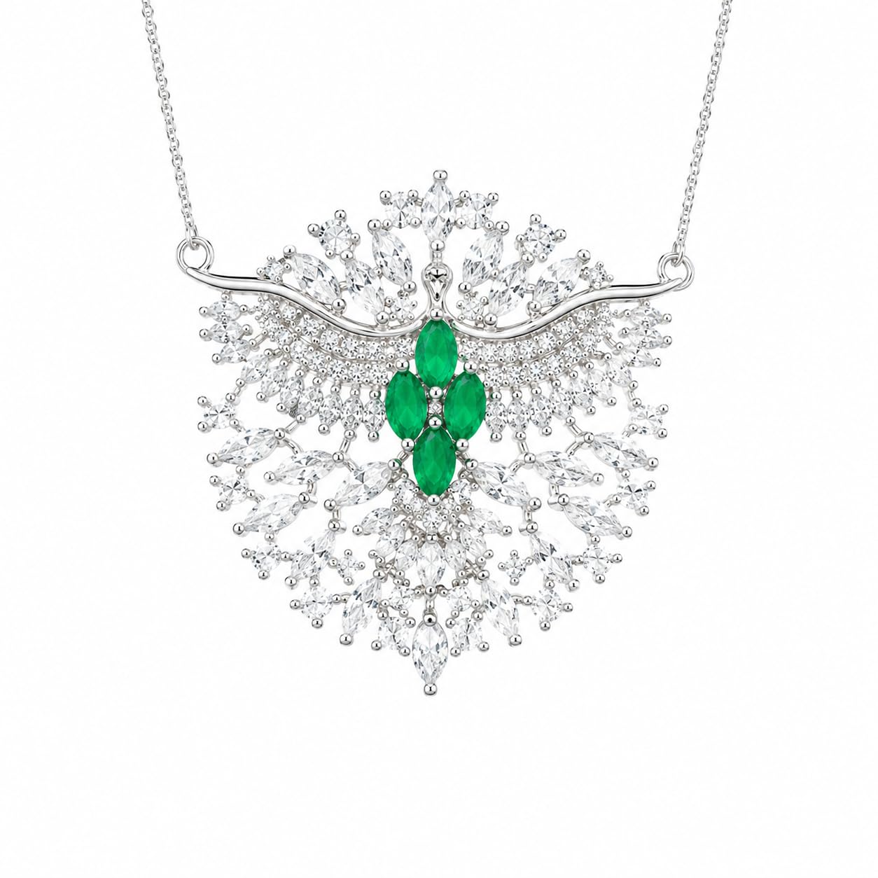 Warm Fortune Green Botanical Butterfly Pendant Necklace for Women, 18K White Gold Plated, 18 Inch Chain with Sparkling CZ, Colorful & Elegant Statement Jewelry for Women