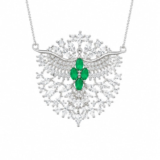 Warm Fortune Green Botanical Butterfly Pendant Necklace for Women, 18K White Gold Plated, 18 Inch Chain with Sparkling CZ, Colorful & Elegant Statement Jewelry for Women