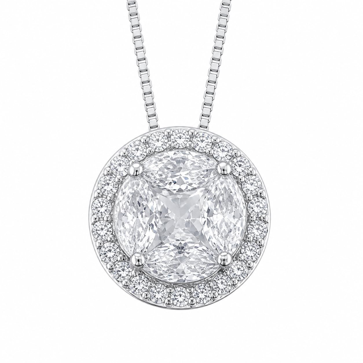 Warm Fortune Cushion Cut Halo Pendant Necklace for Women, 18K White Gold Plated Brass, Yellow Blue or Clear CZ, 18 Inch Chain, CZ Color Options