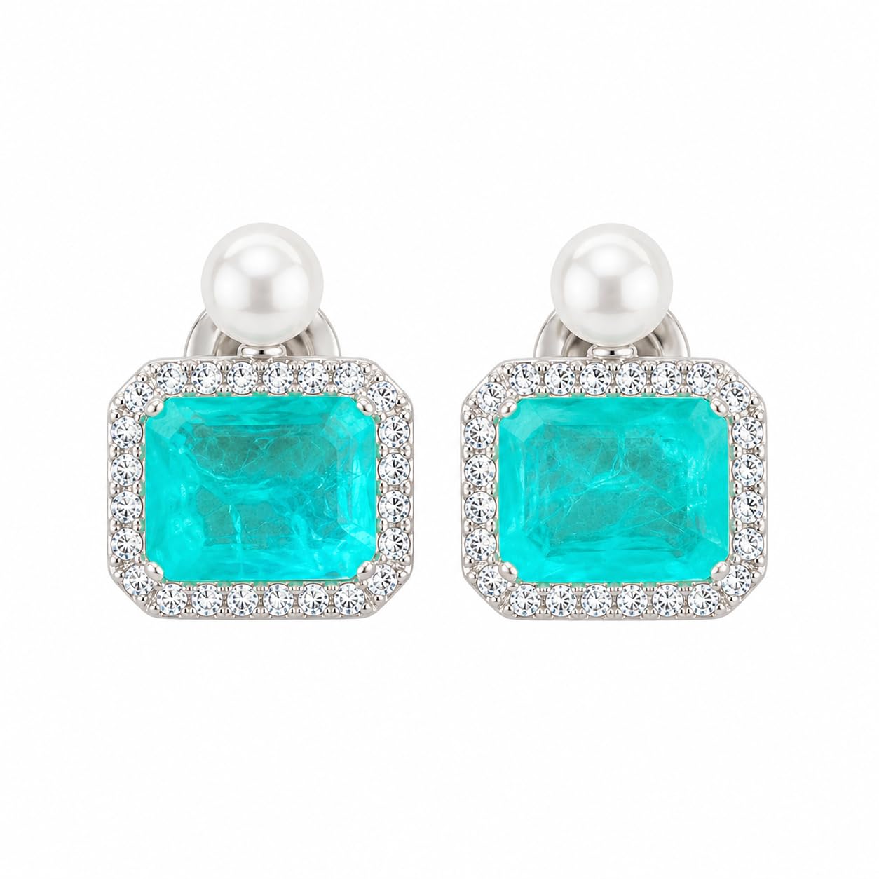 Warm Fortune 18K White Gold Plated Emerald CZ Pearl-Like Stud Earrings