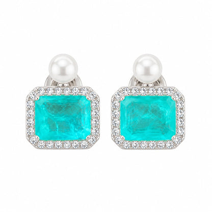 Warm Fortune 18K White Gold Plated Emerald CZ Pearl-Like Stud Earrings
