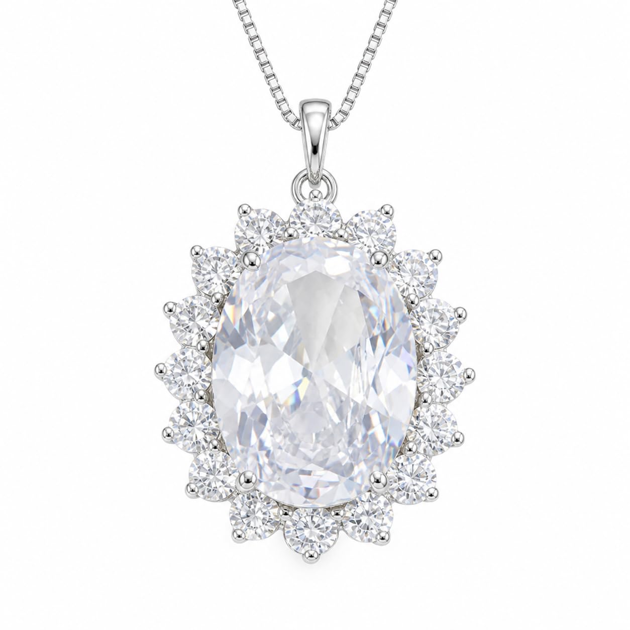 Warm Fortune Oval Halo Pendant Necklace for Women, 18K White Gold Plated Brass, Pink or Clear CZ, 18 Inch Chain, CZ Color Options