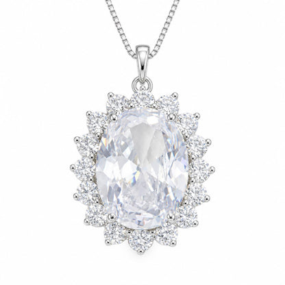 Warm Fortune Oval Halo Pendant Necklace for Women, 18K White Gold Plated Brass, Pink or Clear CZ, 18 Inch Chain, CZ Color Options