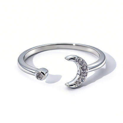 Warm Fortune Moon Open Band Ring - 18K Gold Plated Cubic Zirconia Stackable Gift for Women, Minimalist Daily Fashion Jewelry, Adjustable