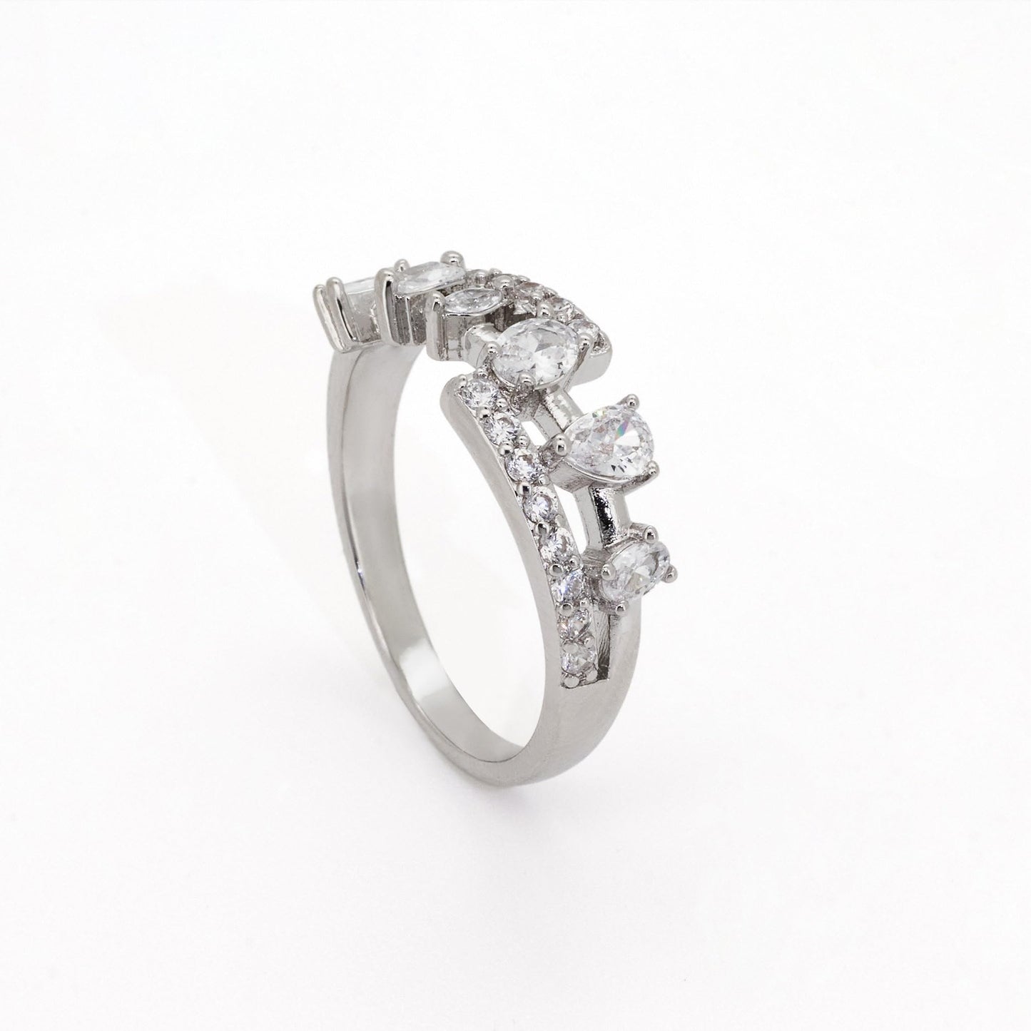 Warm Fortune Mixed-Cut Multi-Stone Wave Promise Ring for Her - 18K Gold Plated Cubic Zirconia, Stackable Valentine Gift Jewelry, Size 5.5-9.5
